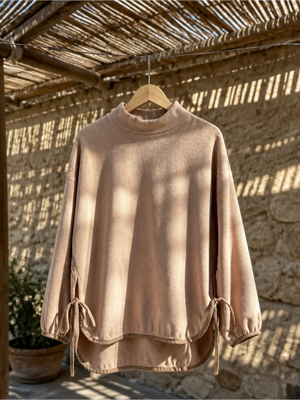 White Mountaineering Tan Mock Neck Tie-Sleeve Sweater